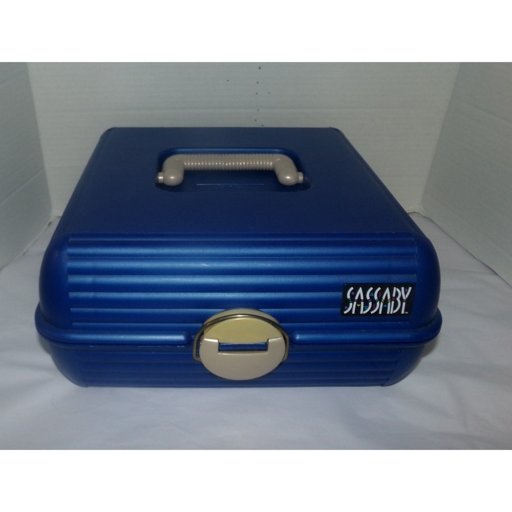 Vintage Sassaby Makeup Organizer Box Blue Hard Plastic Vanity Case Mirror 90s